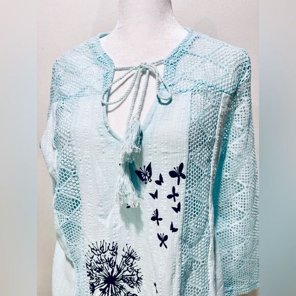 No Brand Tag Bohemian blouse shirt painting aqua blue beach summer women’s XL - Picture 2 of 6